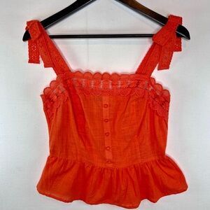 Milk & Honey peplum tank top blouse eyelet trim ruffle hem bow shoulder sz M